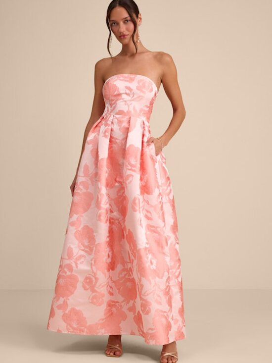 Lulus Dresses & Skirts - Lulus Laurelin Blush Floral Jacquard Pleated Strapless Maxi Dress Pink